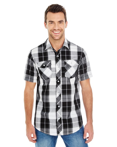 Mens Short Sleeve Plaid Pattern Woven Shirt